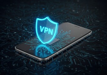 A cyber security icon hovers over a laptop with a VPN icon, symbolizing protection and privacy in the digital world. Perfect for technology, security, and business themes.