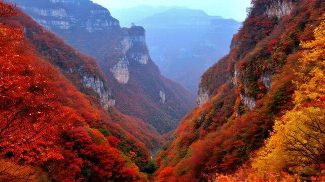 the camera moves along the beautiful scenery of a mountain gorge in the autumn momiji season. Steep cliffs and precipices on which maple trees grow, covered with yellow and red leaves.