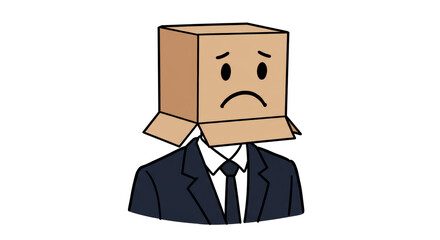 Isolated Sad Businessman with Cardboard Box on Head: Conceptual Image of Emotional Burden and Workplace Stress