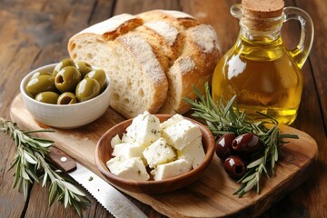 A rustic platter featuring bread, olives, cheese, and olive oil on a wooden table.