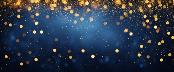 sparkling bokeh lights in yellow and blue shades on dark blue background suggesting a festive and luminous night sky