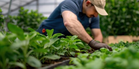 A dedicated man carefully tends to vibrant seedlings in a lush greenhouse, nurturing plants with attention and love, symbolizing growth, patience, and the beauty of nature.