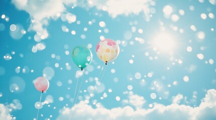 Three colorful balloons float in a bright, sunny sky with bokeh effects.