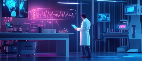 Fototapeta premium A person in a white lab coat reviews information on a tablet, possibly for work or research