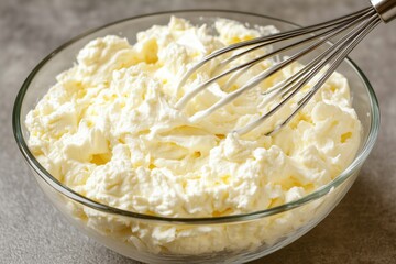 A bowl of freshly whipped cream with a whisk resting on the side.