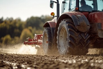 Agricultural vehicle navigates through green landscape