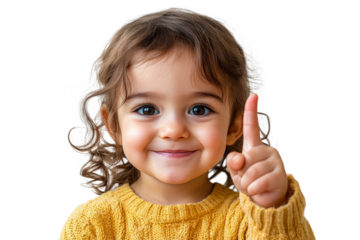 Happy girl showing number one gesture, cut out transparent