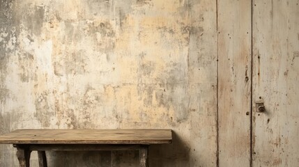 Rustic wooden table against aged wall and door.