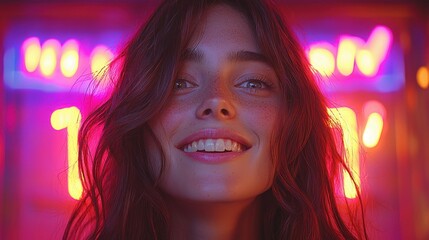 Girl smiles with pink/yellow light, medium brown hair and fair complexion