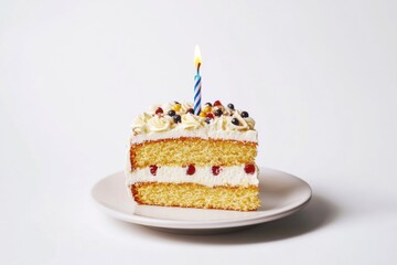 A slice of cake on a plate with a lit candle, perfect for special occasions or as a decorative centerpiece