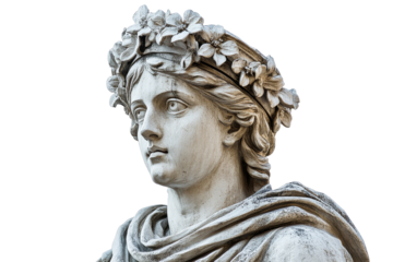 Ancient Sculpture of Youthful Divinity with Floral Crown, cut out transparent