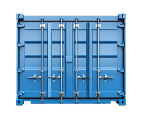 Blue Cargo Container Doors Closed. Metal container for shipping and freight. Transparent background. PNG. Isolated.