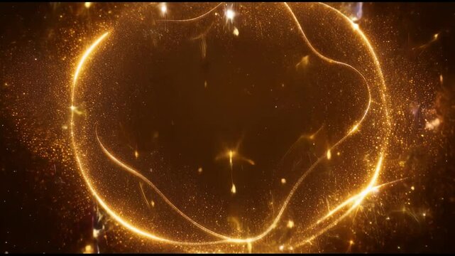 Yellow gold shiny glitter particles frame on brown background