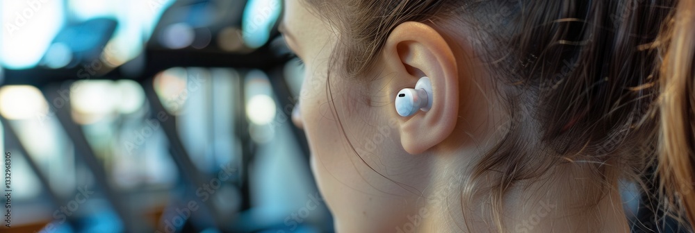 Poster close-up of ear with wireless earbuds in a dynamic gym setting showcasing fitness and energy during 