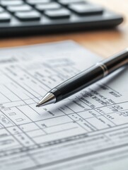 A pen sits on top of a piece of paper next to a calculator, useful for jotting down notes or ideas