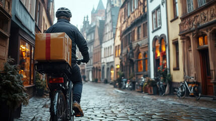 Person cycling with package on bike through old city street. Paved road and vintage buildings line the way. Delivery transport concept.