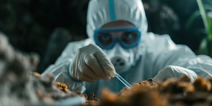 A scientist meticulously examines soil samples while dressed in protective gear to ensure safety during environmental research or hazardous material analysis.