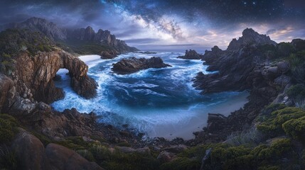 Obraz premium Dramatic coastal landscape at night with Milky Way, rocky arch, crashing waves, and sandy cove.