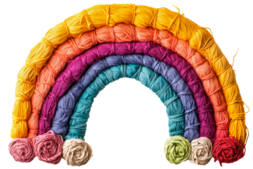 Rainbow yarn art installation, colorful fiber arrangement, cut out transparent