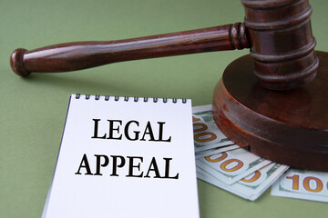 LEGAL APPEAL - words in a notebook against the background of a judge's gavel and banknotes