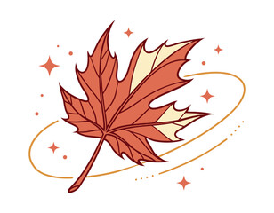autumn maple leaf illustration in warm orange and yellow tones, surrounded by stars and a swirling accent. perfect for seasonal designs, fall-themed artwork, and nature-inspired projects.