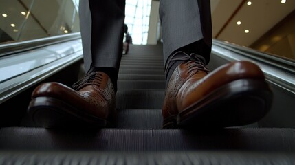Close-up of brown leather shoes on an escalator.
