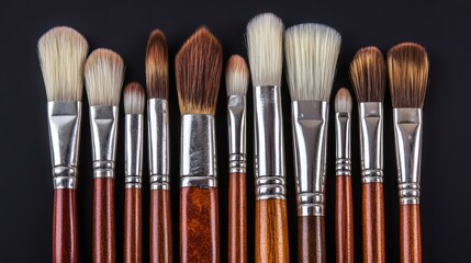 Fototapeta premium Collection of various paint brushes on black background.