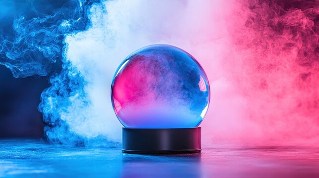 Glowing sphere on a stand, surrounded by swirling blue and pink smoke