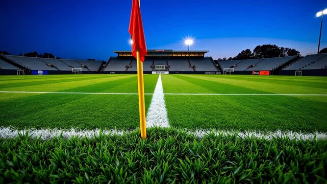 Football field with a corner flag under a blue sky.