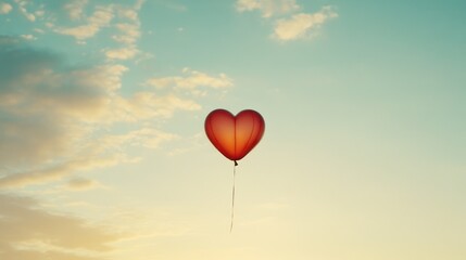 Fototapeta premium Red heart-shaped balloon floats in a pastel sky at sunset.