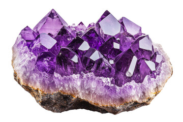 Purple amethyst crystal cluster formation, raw stone, cut out transparent