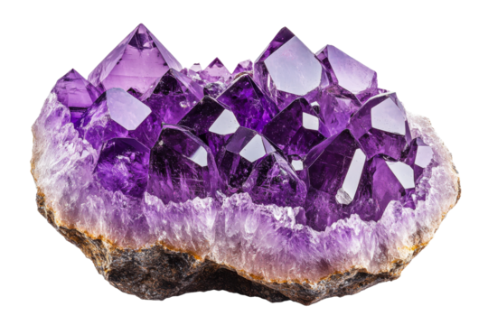 Purple amethyst crystal cluster formation, raw stone, cut out transparent