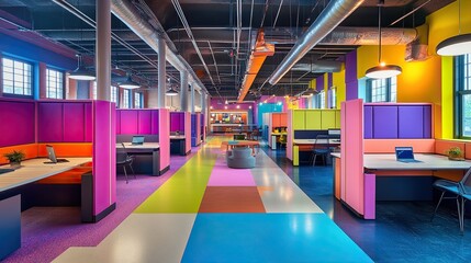 A vibrant open-plan co-working space with color-coded zones for team collaboration