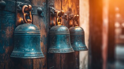 Obraz premium Three antique bronze bells hanging on weathered wooden door.