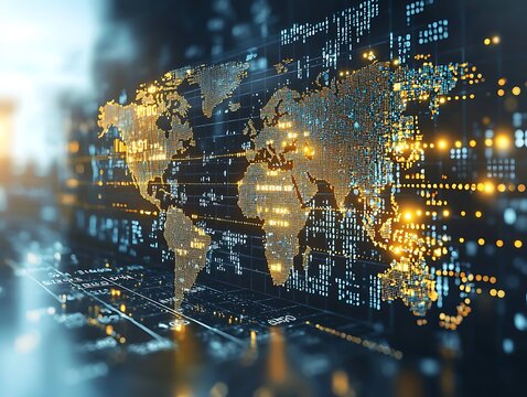 A stylized digital representation of a world map in data form