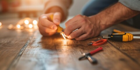 Obraz premium A man works diligently on fixing wires using various hand tools, showcasing the importance of hands-on skills in home repair and maintenance tasks with a warm ambiance.