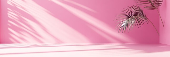 The scene includes a pink backdrop, palm leaf shadows, a white floor, and soft lighting, designed for optimal product display presentation