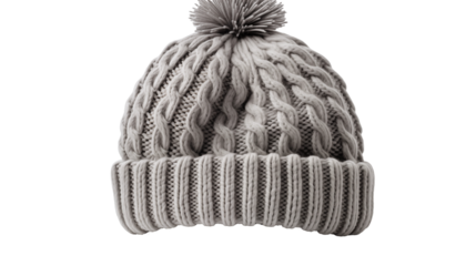 Grey Cable Knit Beanie Soft Pom Pom, Cozy Winter Headwear for Casual Style.