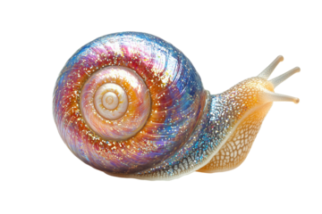Closeup of snail with shiny shell isolated on transparent background