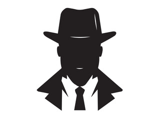 Detective silhouette. Old fashioned detective in hat on white background. Vector style silhouette.