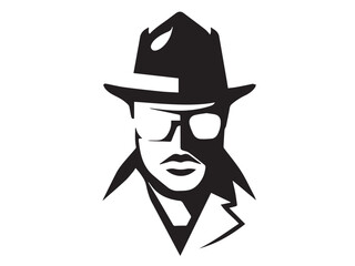 Detective silhouette. Old fashioned detective in hat on white background. Vector style silhouette.