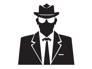 Detective silhouette. Old fashioned detective in hat on white background. Vector style silhouette.