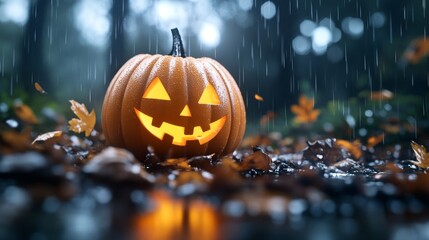 Glowing jack-o'-lantern amidst autumn rainy night with fallen leaves