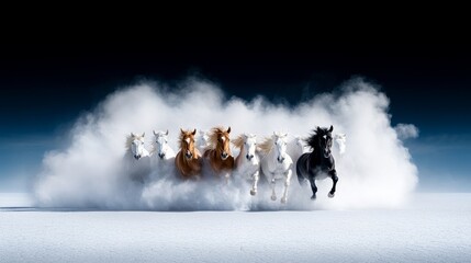 Wild horses running on snowy landscape with dramatic dust cloud