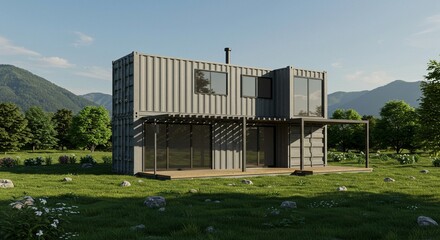 Fototapeta premium Modern Shipping Container House in Nature Setting with Mountain Views
