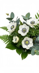 Bouquet with anemones and greenery featuring eucalyptus and ferns, symbolizing purity and natural elegance