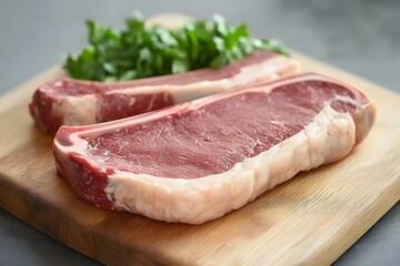 Fototapeta premium Raw Steak on Wooden Cutting Board, Juicy Beef Steaks Ready for Grilling