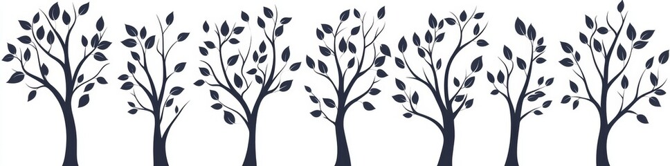 Set of minimalist and abstract tree silhouettes with different seasonal styles and colors, fit for backgrounds, logos, icons, and decorative designs