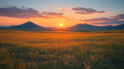 Obraz premium Sunset over grassy hills, serene landscape