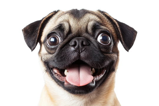 Happy playful Pug dog showing tongue, cut out transparent